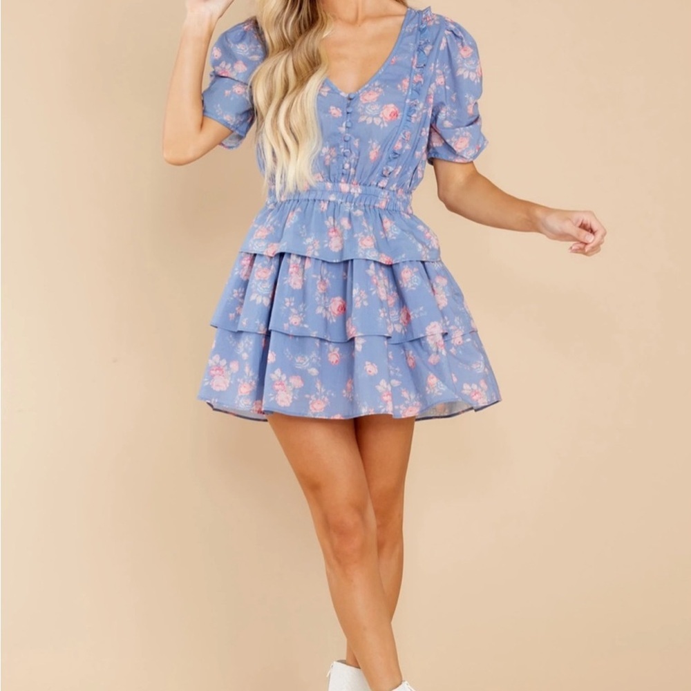 Loveshackfancy Roth Floral Tiered Ruffle Cotton Dress In Faded Denim Size M - Picture 2 of 7